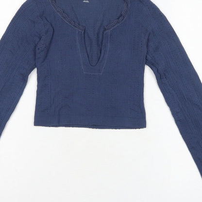 Out From Under Women’s Blue XS Cropped Knit V-Neck Long Sleeve Top