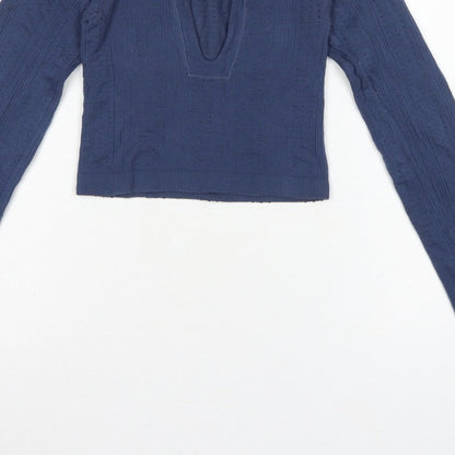 Out From Under Women’s Blue XS Cropped Knit V-Neck Long Sleeve Top
