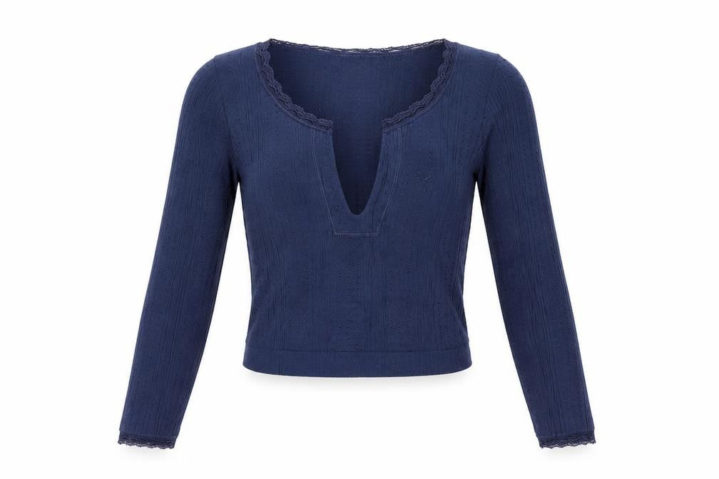 Out From Under Women’s Blue XS Cropped Knit V-Neck Long Sleeve Top
