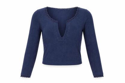 Out From Under Women’s Blue XS Cropped Knit V-Neck Long Sleeve Top