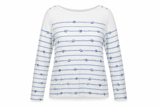 Cath Kidston Women White L Striped Kite Print Long Sleeve Jersey T-Shirt