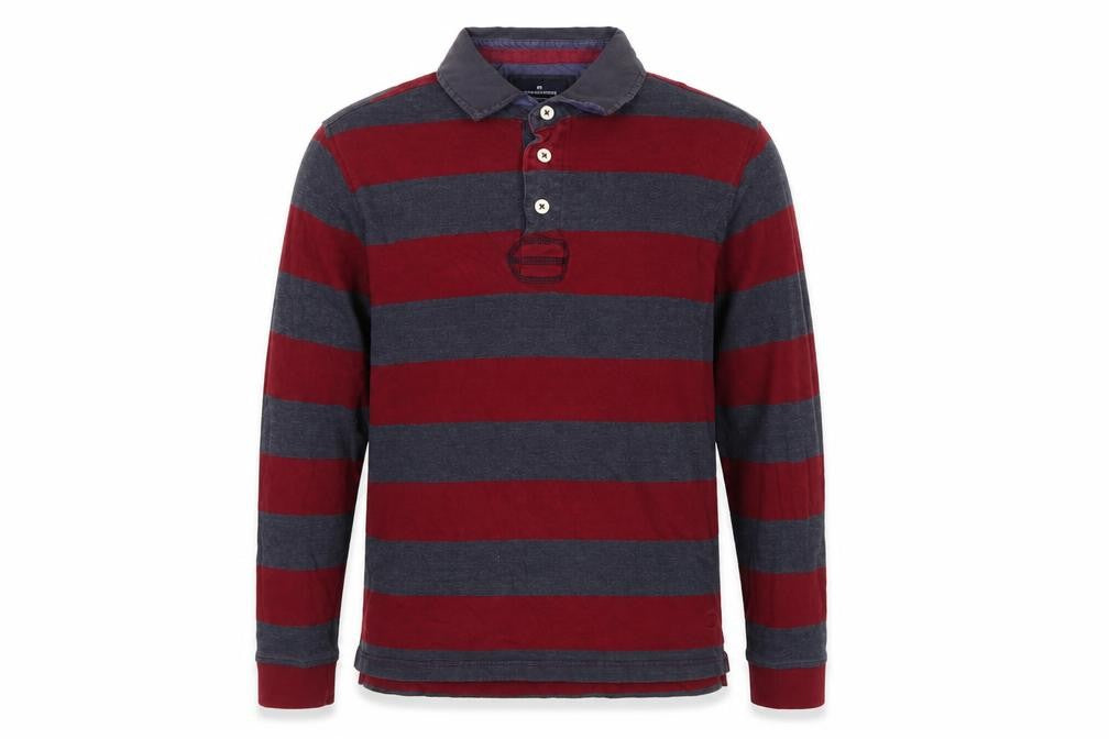 Blue Harbour Men's Red Blue L Striped Long Sleeve Rugby Polo Shirt