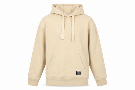 Front view of The Stronghold Men’s Beige XS Pullover Hoodie Venice CA Logo