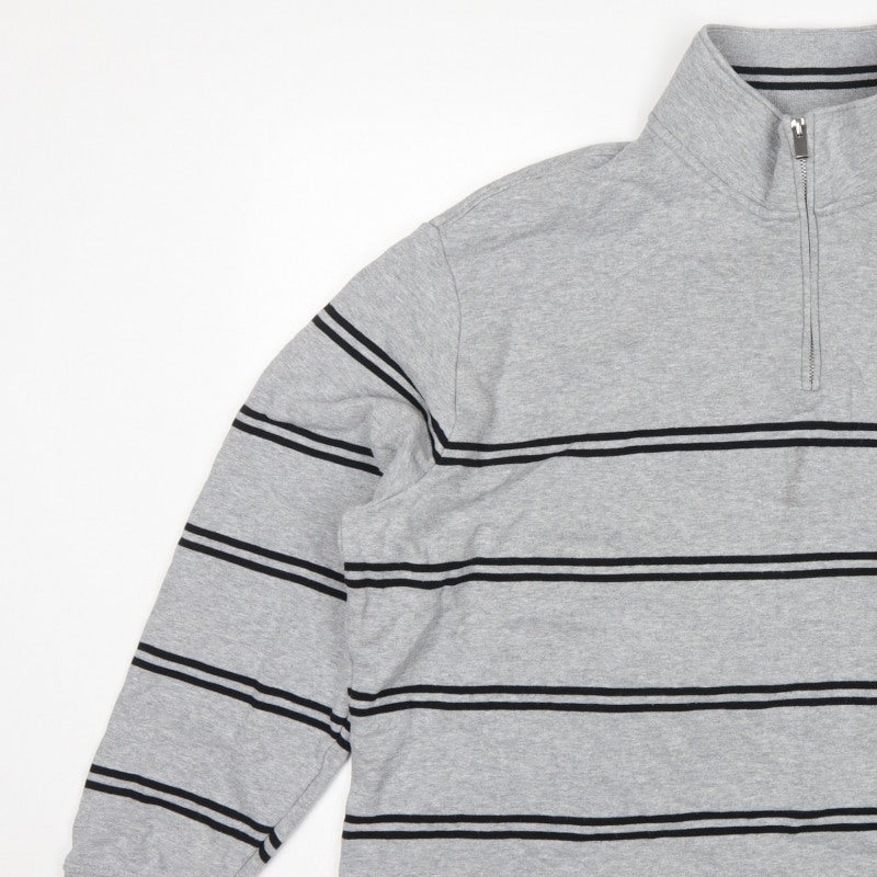 Marks & Spencer Men Grey 2XL Pullover 1/4 Zip Striped Sweatshirt