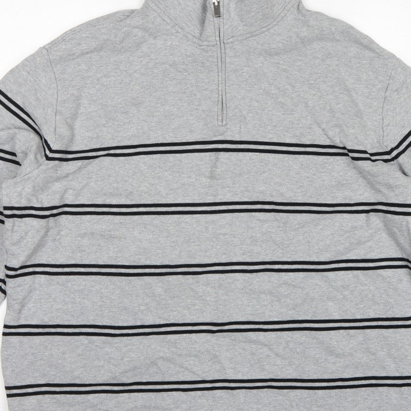 Marks & Spencer Men Grey 2XL Pullover 1/4 Zip Striped Sweatshirt