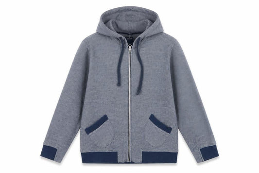Front view of GAP Teens Blue Striped Full Zip Hooded Sweatshirt, size 6, Pockets