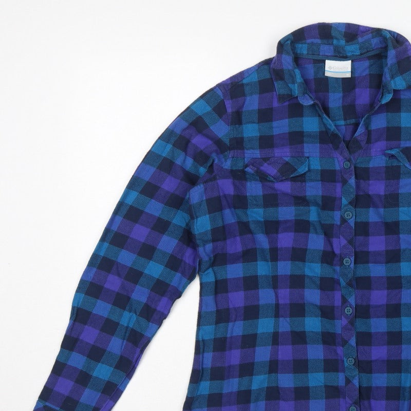 Columbia Women Blue Purple M Plaid Cotton Long Sleeve Button-Up Shirt