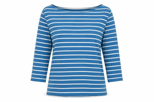 Laura Ashley Women Blue White Striped M 3/4 Sleeve Boat Neck Jersey T-Shirt