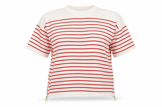 Warehouse Women Ivory Red Stripe Knit Top UK 12 Crew Neck Zip