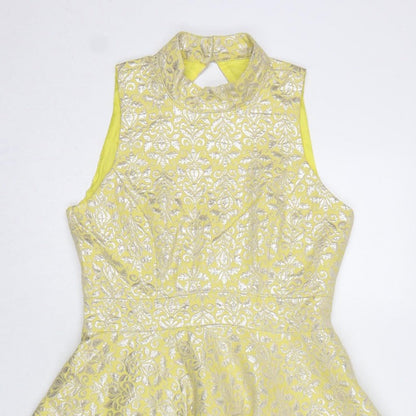 Miss Selfridge Women Yellow UK 12 Fit & Flare Floral Metallic Dress