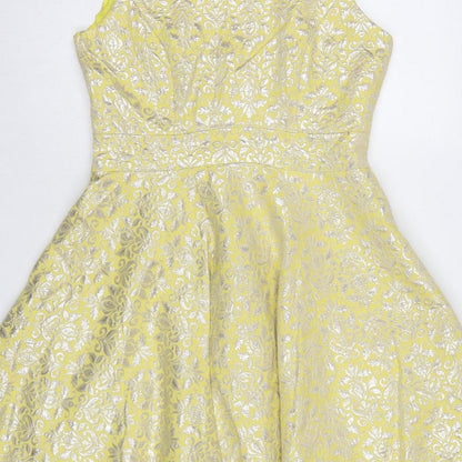 Miss Selfridge Women Yellow UK 12 Fit & Flare Floral Metallic Dress