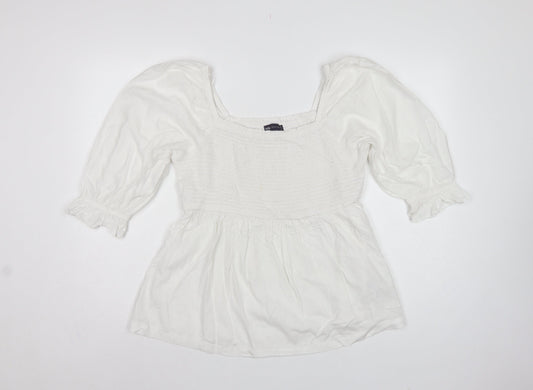 Marks and Spencer Women White UK 18 Smocked Puff Sleeve Tunic Blouse