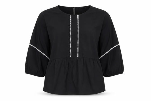 Marks and Spencer Women Black UK 16 Tunic Blouse Puff Sleeve Embroidered