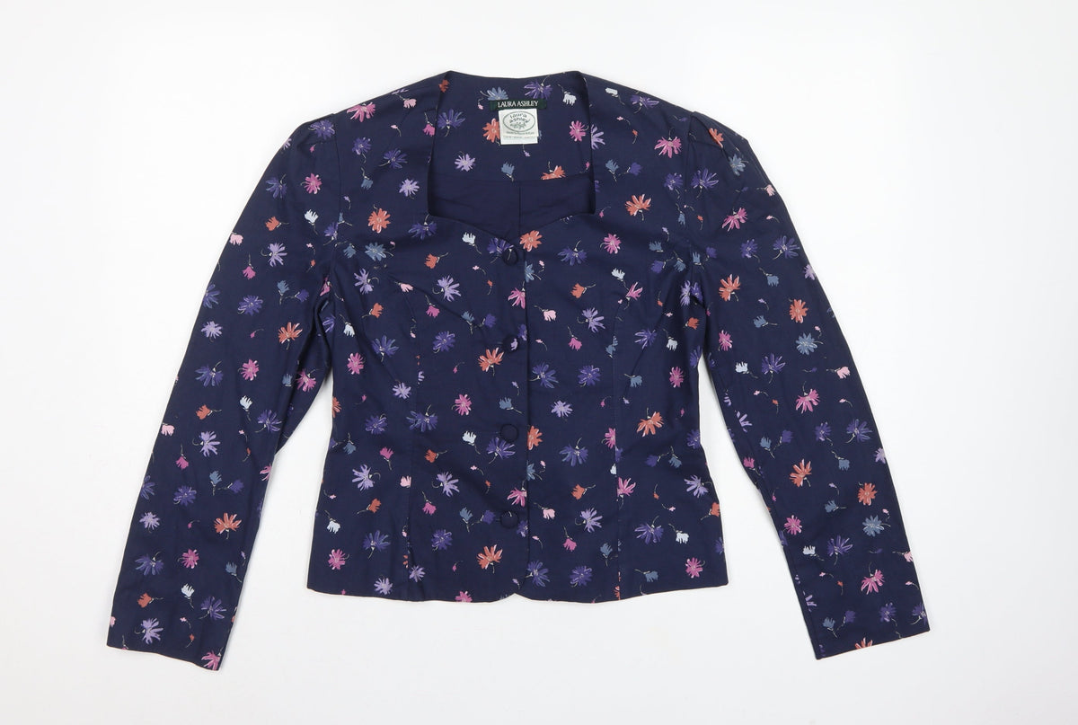 Laura Ashley Women Blue UK 12 Floral Cotton Short Blazer Jacket
