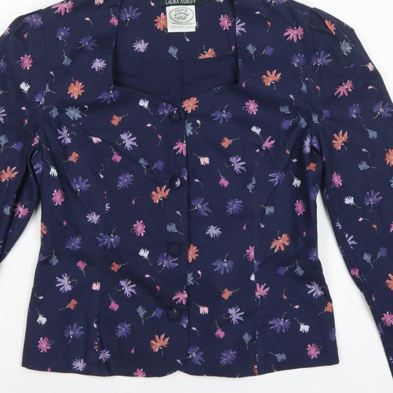 Laura Ashley Women Blue UK 12 Floral Cotton Short Blazer Jacket