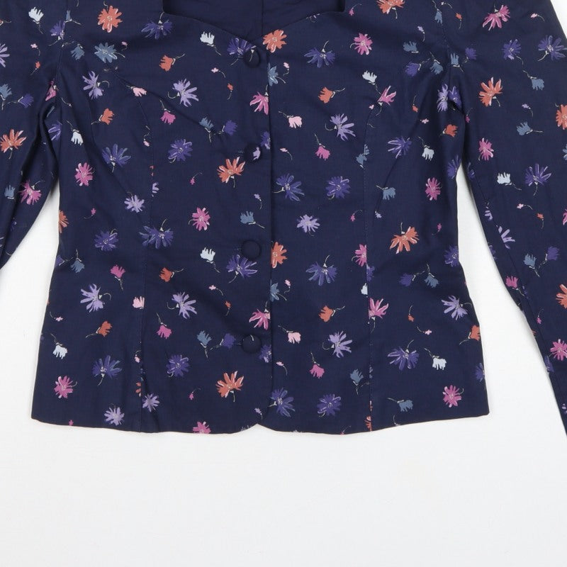 Laura Ashley Women Blue UK 12 Floral Cotton Short Blazer Jacket