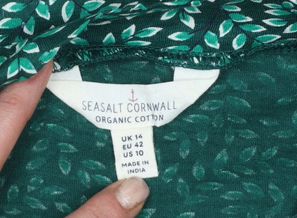 Seasalt Cornwall Women Green Leaf Print UK 14 A-Line Cotton Dress