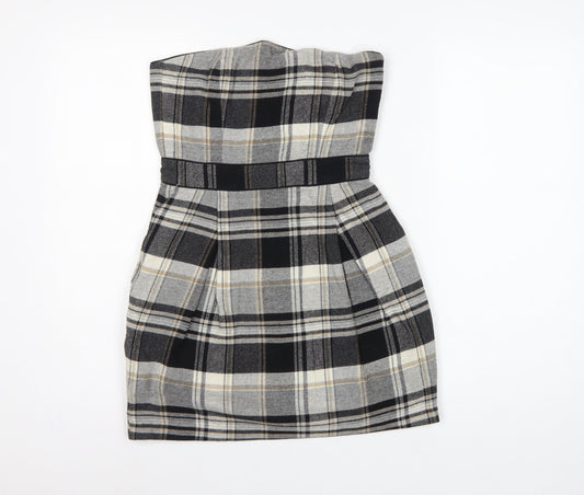 French Connection Women Grey Plaid Wool Strapless Bodycon Mini Dress UK 8