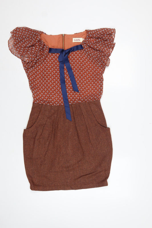 Louche Women Brown UK 8 Pencil Dress Geometric Tweed Bow Pockets