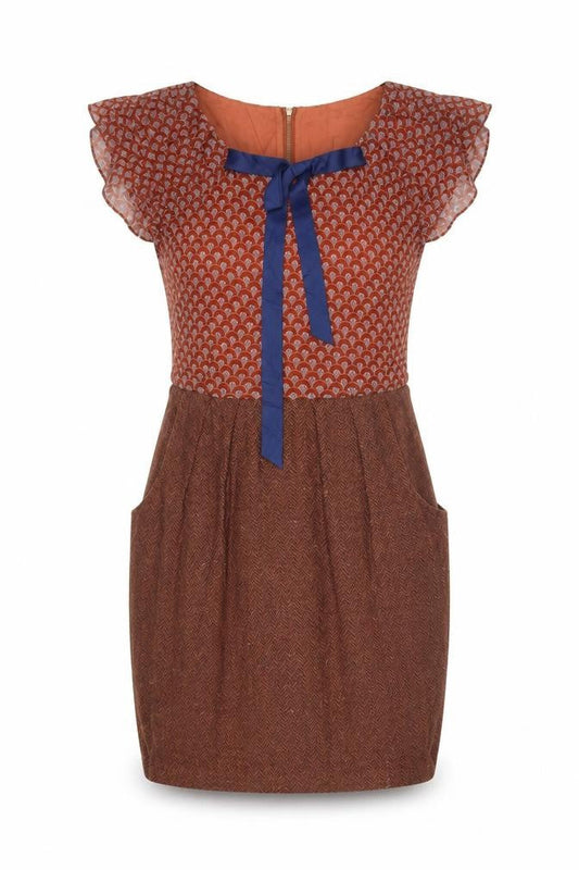 Louche Women Brown UK 8 Pencil Dress Geometric Tweed Bow Pockets