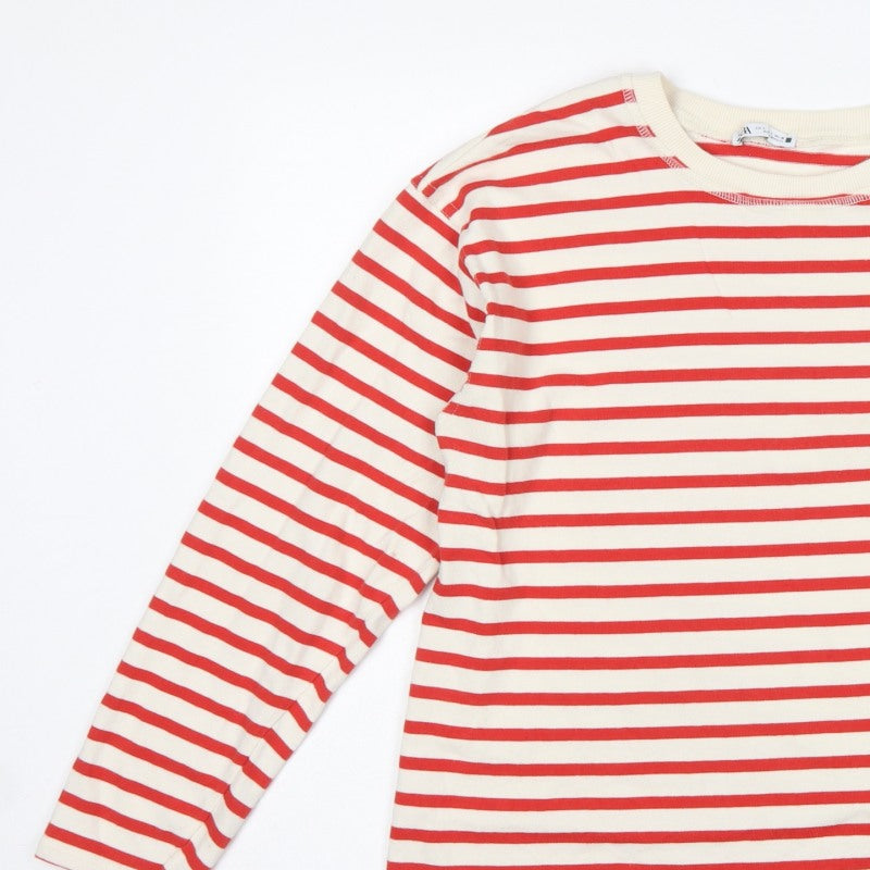 Zara Women Red Cream Striped Cotton Jersey Long Sleeve T-Shirt L