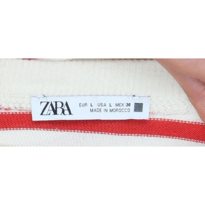 Zara Women Red Cream Striped Cotton Jersey Long Sleeve T-Shirt L