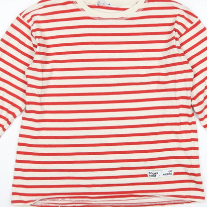Zara Women Red Cream Striped Cotton Jersey Long Sleeve T-Shirt L