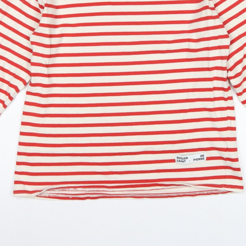 Zara Women Red Cream Striped Cotton Jersey Long Sleeve T-Shirt L