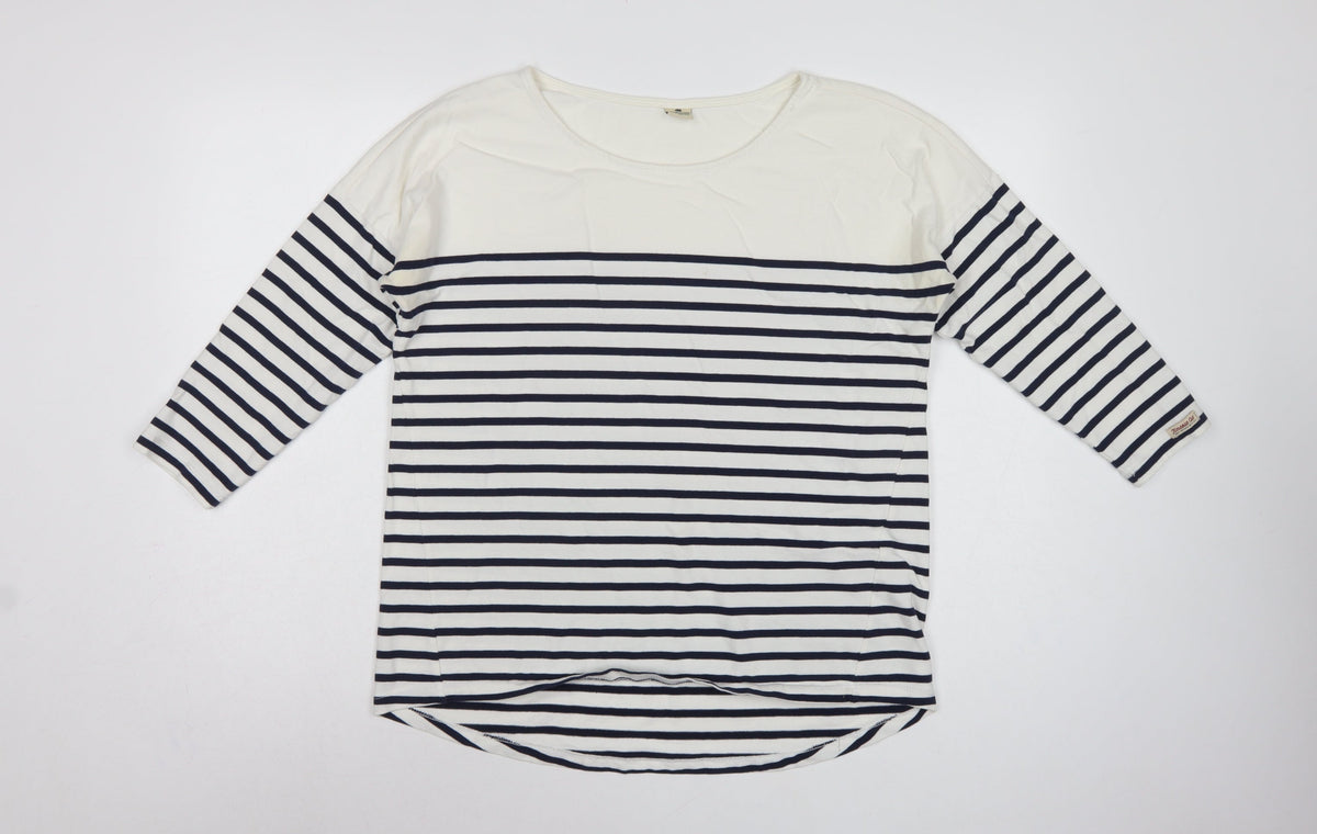 Timeout Women White Navy Striped M 3/4 Sleeve Jersey T-Shirt