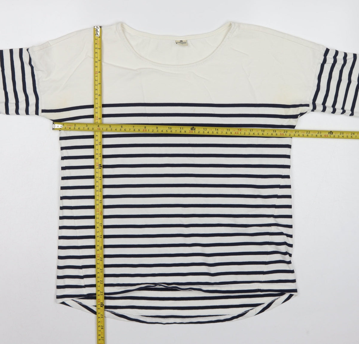 Timeout Women White Navy Striped M 3/4 Sleeve Jersey T-Shirt