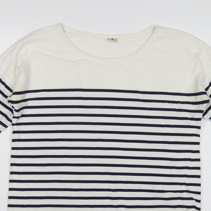 Timeout Women White Navy Striped M 3/4 Sleeve Jersey T-Shirt