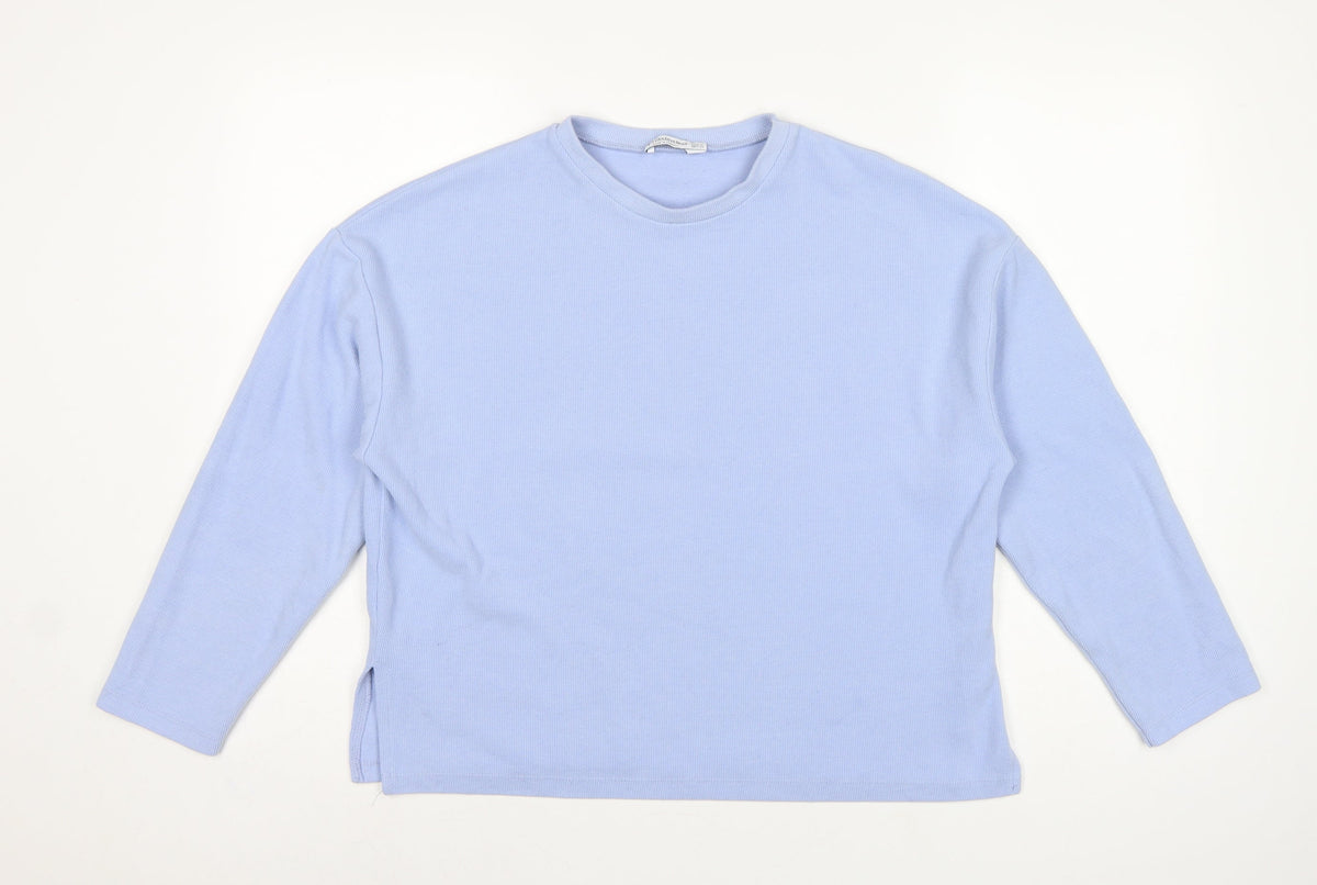 Stradivarius Women Blue S Ribbed Jersey Long Sleeve Crew Neck T-Shirt