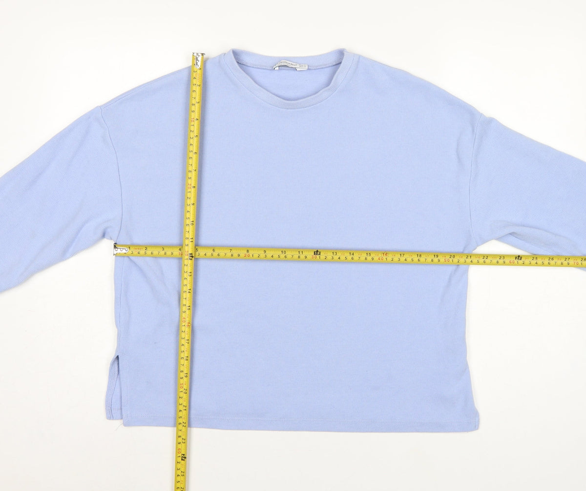 Stradivarius Women Blue S Ribbed Jersey Long Sleeve Crew Neck T-Shirt