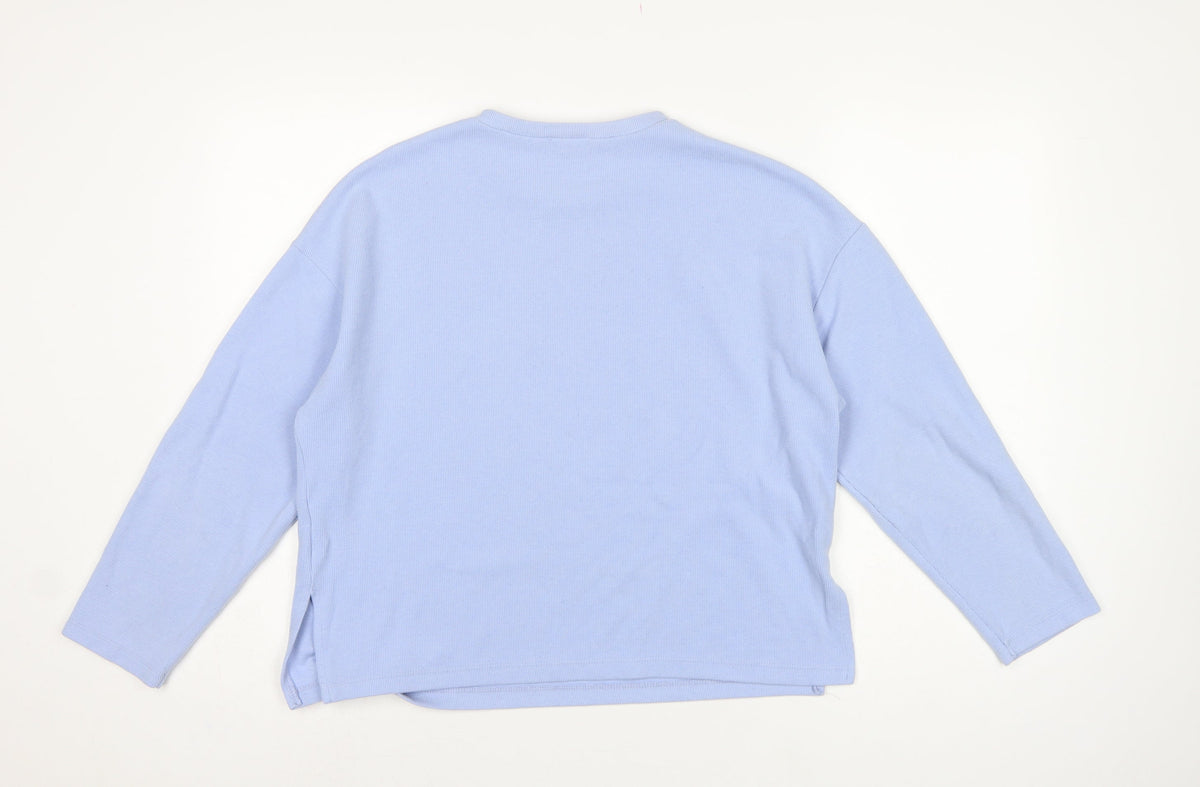 Stradivarius Women Blue S Ribbed Jersey Long Sleeve Crew Neck T-Shirt