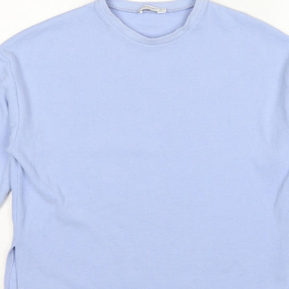 Stradivarius Women Blue S Ribbed Jersey Long Sleeve Crew Neck T-Shirt
