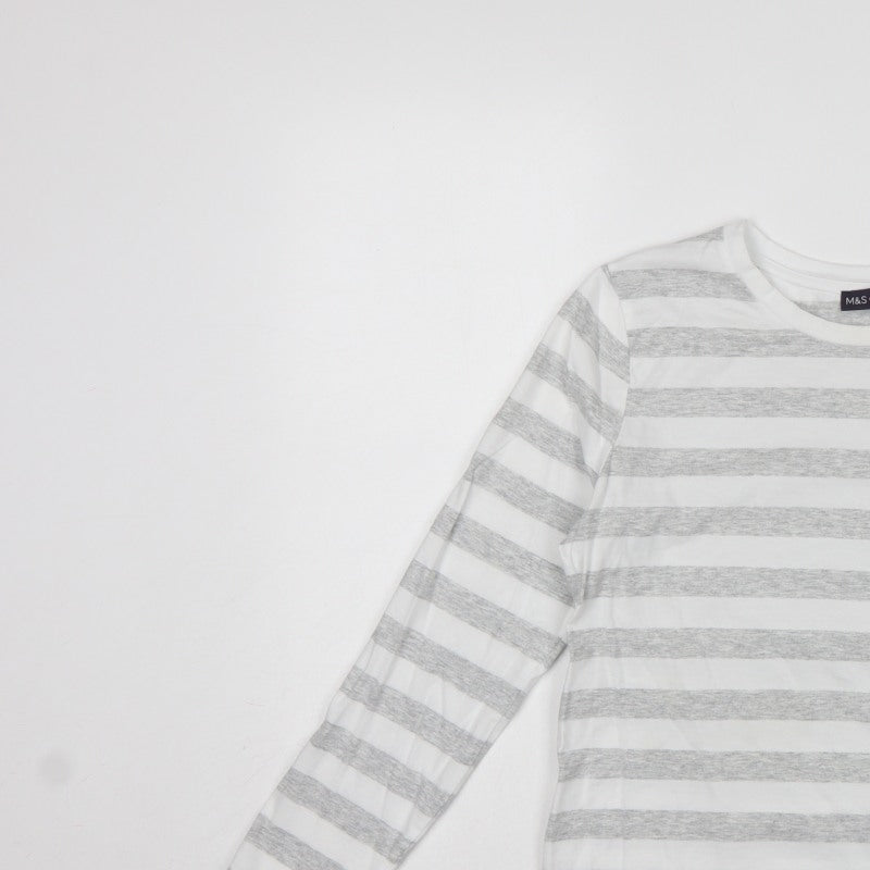 Marks & Spencer Women Grey Stripe Cotton Long Sleeve Basic T-Shirt UK 10