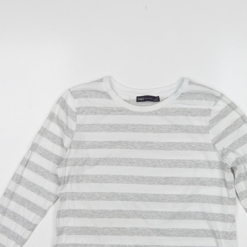 Marks & Spencer Women Grey Stripe Cotton Long Sleeve Basic T-Shirt UK 10