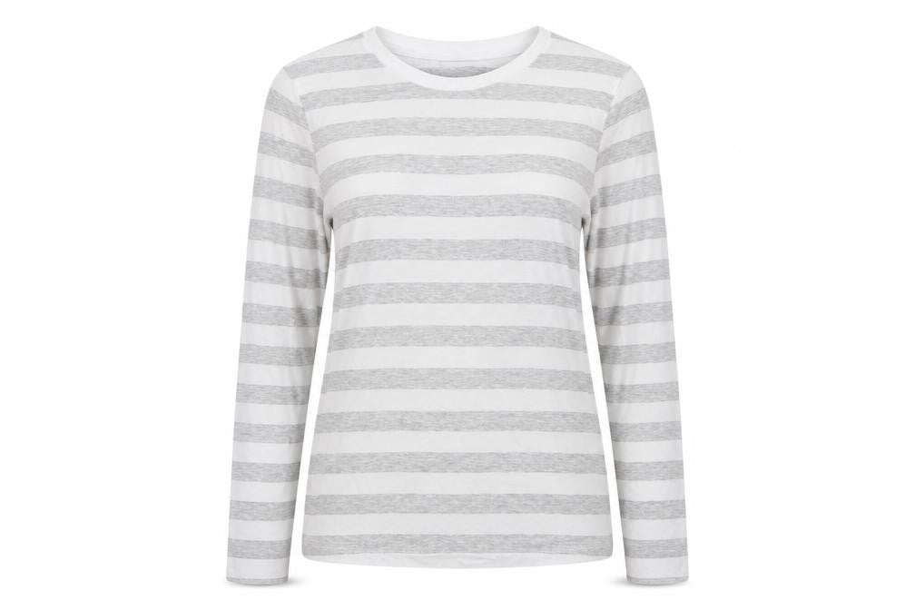 Marks & Spencer Women Grey Stripe Cotton Long Sleeve Basic T-Shirt UK 10