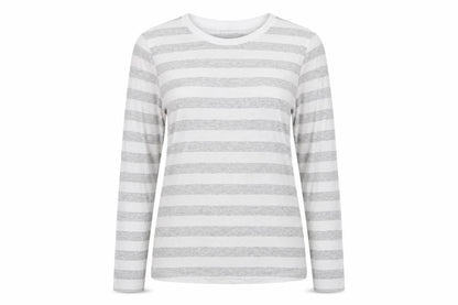 Marks & Spencer Women Grey Stripe Cotton Long Sleeve Basic T-Shirt UK 10