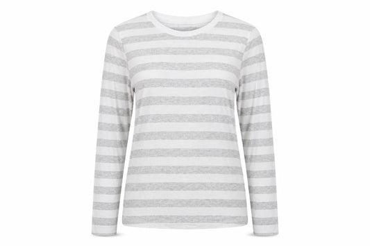 Marks & Spencer Women Grey Stripe Cotton Long Sleeve Basic T-Shirt UK 10