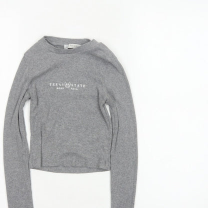 Pull&Bear Women Grey S Cropped Ribbed Texas State Long Sleeve T-Shirt