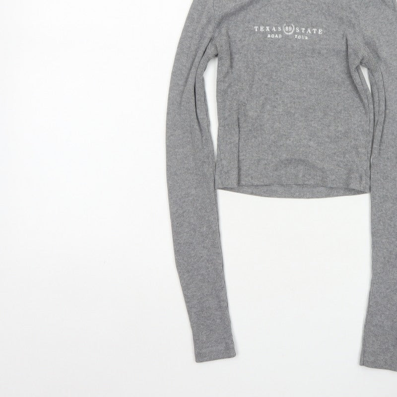 Pull&Bear Women Grey S Cropped Ribbed Texas State Long Sleeve T-Shirt