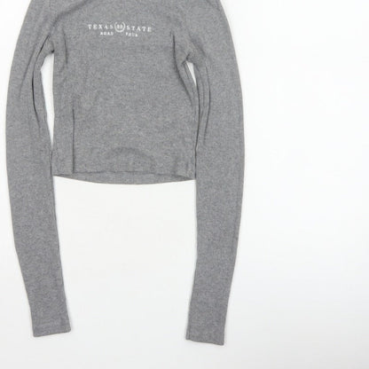 Pull&Bear Women Grey S Cropped Ribbed Texas State Long Sleeve T-Shirt