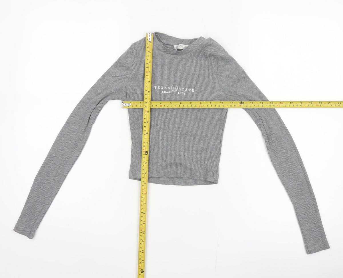 Pull&Bear Women Grey S Cropped Ribbed Texas State Long Sleeve T-Shirt