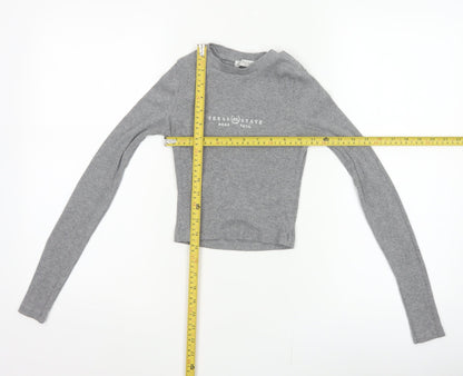 Pull&Bear Women Grey S Cropped Ribbed Texas State Long Sleeve T-Shirt