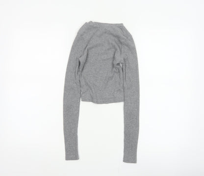Pull&Bear Women Grey S Cropped Ribbed Texas State Long Sleeve T-Shirt