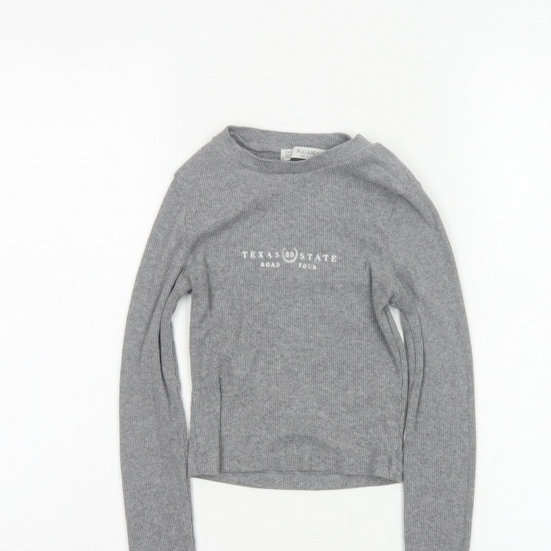 Pull&Bear Women Grey S Cropped Ribbed Texas State Long Sleeve T-Shirt