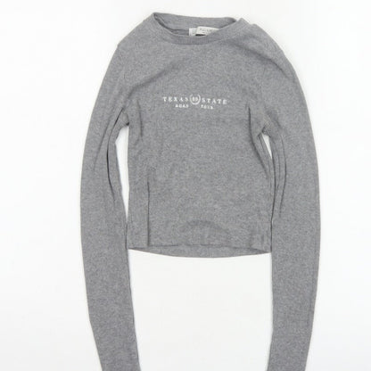 Pull&Bear Women Grey S Cropped Ribbed Texas State Long Sleeve T-Shirt