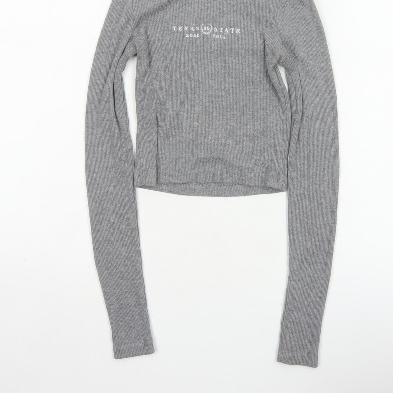 Pull&Bear Women Grey S Cropped Ribbed Texas State Long Sleeve T-Shirt