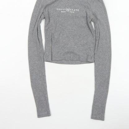 Pull&Bear Women Grey S Cropped Ribbed Texas State Long Sleeve T-Shirt